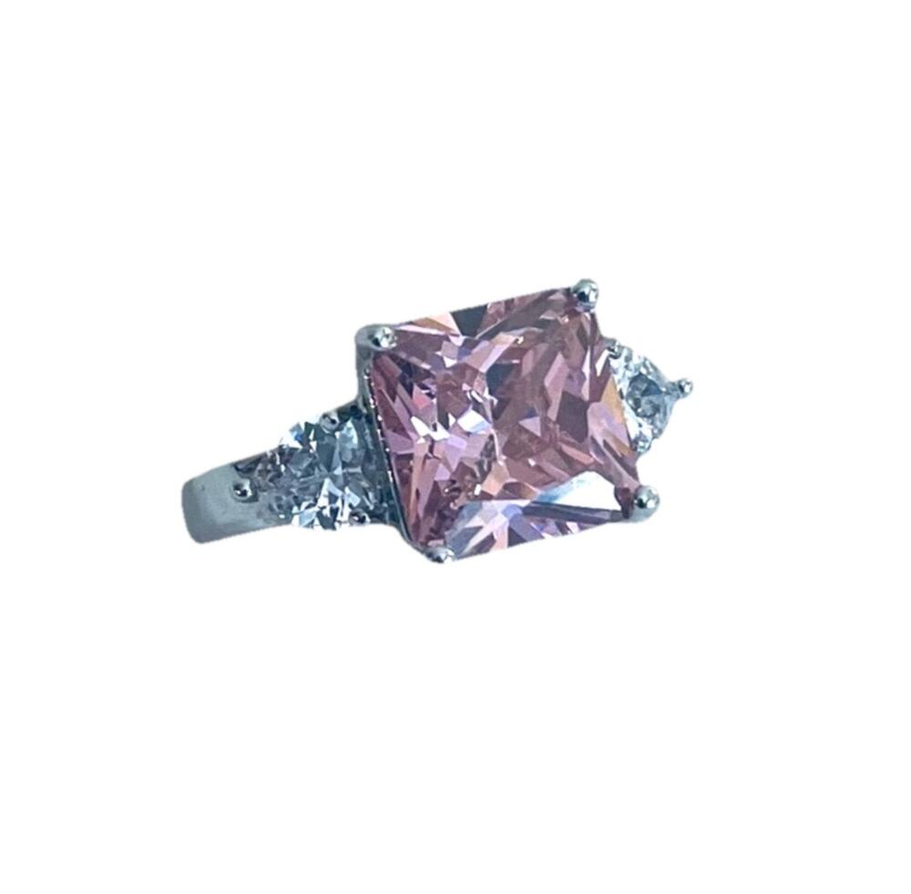 Pink Princess Cut & Clear Heart Cubic Zirconia CZ Ring Statement Costume Jewelry